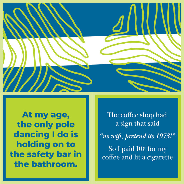 Add a retro twist to your party with the No Wifi Napkin by Drinks On Me! Featuring green abstract lines, two text boxes—one with a pole dancing joke, the other saying "no wifi, pretend it’s 1973"—perfect for birthday or cocktail parties.