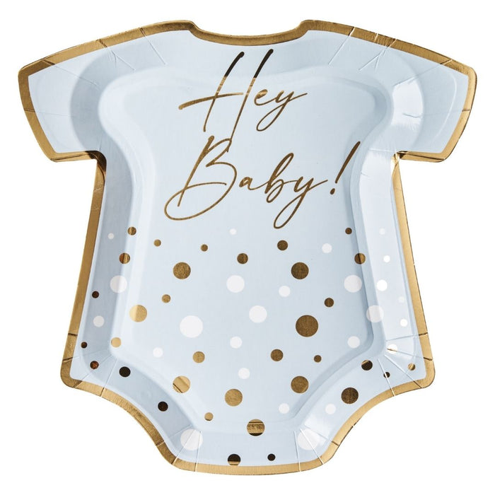 Serve appetizers or desserts at your shower with Sugarplum’s Onesie Die Cut Salad Plate Hey Baby Blue (8/pkg)—featuring gold trim, a light blue background, gold and white polka dots, and “Hey Baby!” in gold script.