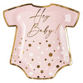 Serve sweet treats in style with Sugarplum’s Onesie Die Cut Salad Plate Hey Baby Pink (8/pkg)—charming plates featuring gold trim, polka dots, and “Hey Baby!” in gold script, perfect for baby showers.