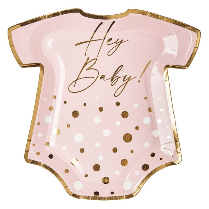 Serve sweet treats in style with Sugarplum’s Onesie Die Cut Salad Plate Hey Baby Pink (8/pkg)—charming plates featuring gold trim, polka dots, and “Hey Baby!” in gold script, perfect for baby showers.