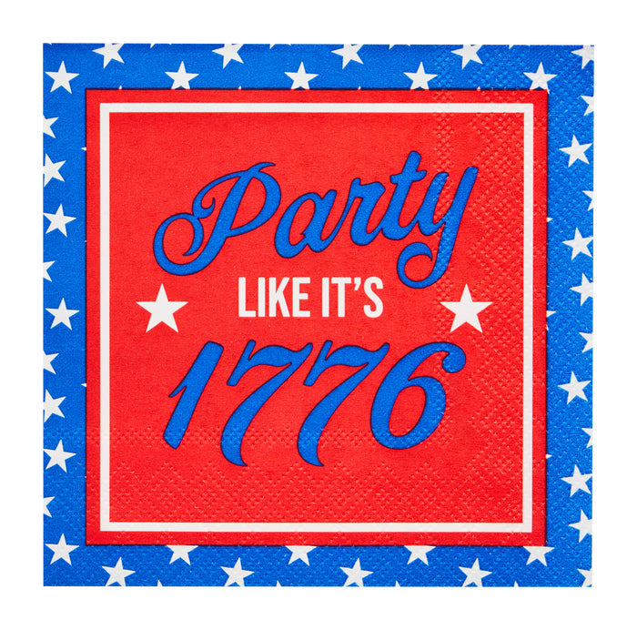 Celebrate the 4th with Sophistiplate’s Party in the USA Cocktail Napkins (26pk)—red, white, and blue napkins featuring white stars and “Party like it’s 1776”—a festive touch for your Independence Day party decor.