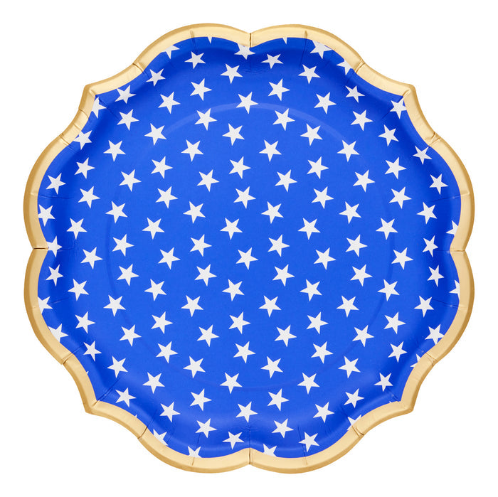 The Sophistiplate Party in the USA Dinner Plates (8pk) feature a blue scalloped edge, gold border, and white stars—ideal for patriotic gatherings or as festive Fourth of July plates to brighten your celebration table.
