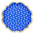The Sophistiplate Party in the USA Dinner Plates (8pk) feature a blue scalloped edge, gold border, and white stars—ideal for patriotic gatherings or as festive Fourth of July plates to brighten your celebration table.