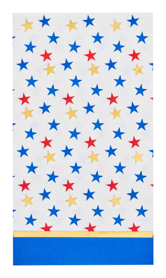 Sophistiplate's Party in the USA Guest Towels (20pk) feature a white background with red, blue, and gold stars plus festive blue and gold borders—ideal party napkins for patriotic events or USA-themed celebrations.