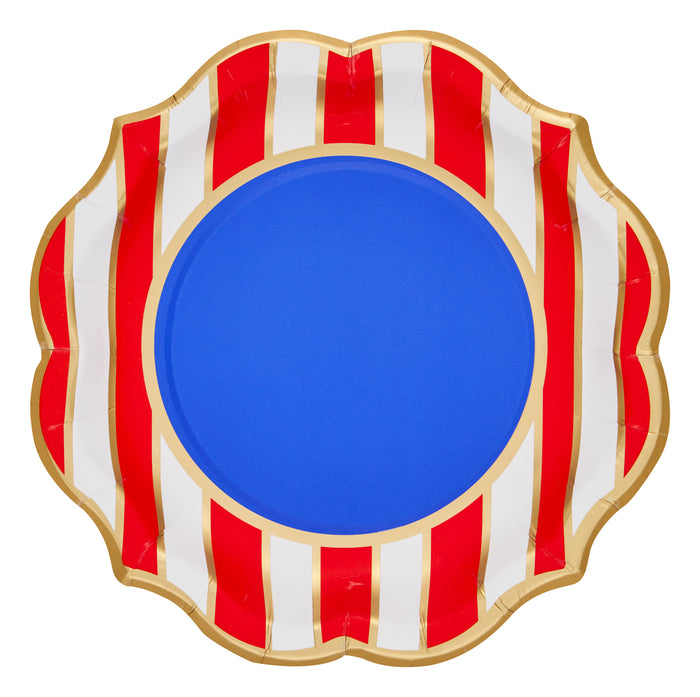 The Sophistiplate Party in the USA Salad Plates (8pk) feature a solid blue center, gold edges, and red and white striped rims—perfect patriotic disposable plates for serving treats at your next celebration.