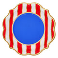 The Sophistiplate Party in the USA Salad Plates (8pk) feature a solid blue center, gold edges, and red and white striped rims—perfect patriotic disposable plates for serving treats at your next celebration.