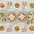 Set a festive Passover table for 16 with the Stunning Seder by Sophistiplate LLC, featuring matzah, matzo ball soup bowls, wine glasses, white flowers, beige napkins on a woven runner, and eco-friendly party plates.