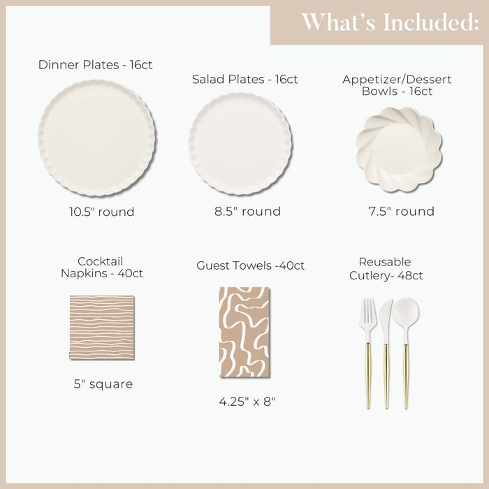 Image showing included items in the Sophistiplate LLC Passover Tablescape for 16: 16 large plates (10.5"), 16 salad plates (8.5"), 16 bowls, 40 cocktail napkins, 40 guest towels, and 48 pieces of reusable cutlery.