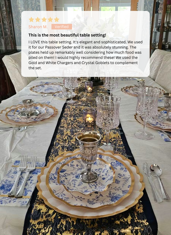 Elegant table setting with silverware and plates on a tablecloth, featuring a review overlay.