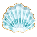 The Sophistiplate Pastel Sea Die Cut Shell Salad Plates (8pk) feature a watercolor-style ocean blue seashell with gold trim on a white background—ideal for adding coastal elegance to your next gathering.