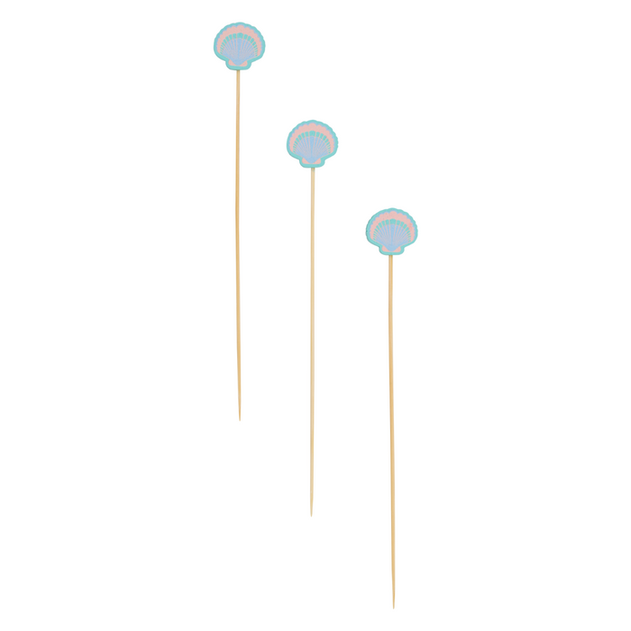 Simply Serv'd Pastel Sea Large Cocktail Picks (30pk) feature decorative seashell tops—ideal for stylish party food skewers or cocktail garnishes.