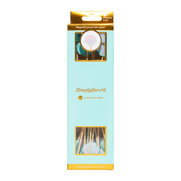 A blue and gold Simply Serv'd box labeled "Pastel Sea Large Cocktail Picks/30pk" contains 30 wooden picks with pastel decorations, which are visible through a clear window on the lower half of the box.
