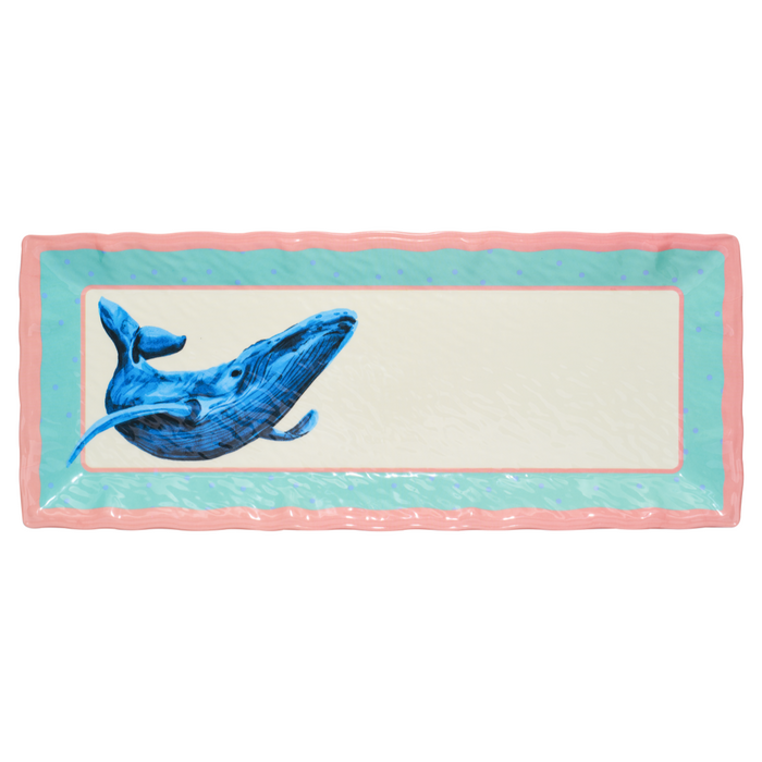 The Sophistiplate Pastel Sea Melamine Serving Tray features a rectangular coastal design with a pink wavy border, light blue polka-dot edge, and a charming whale on the left, leaving the center blank for serving or personal notes.