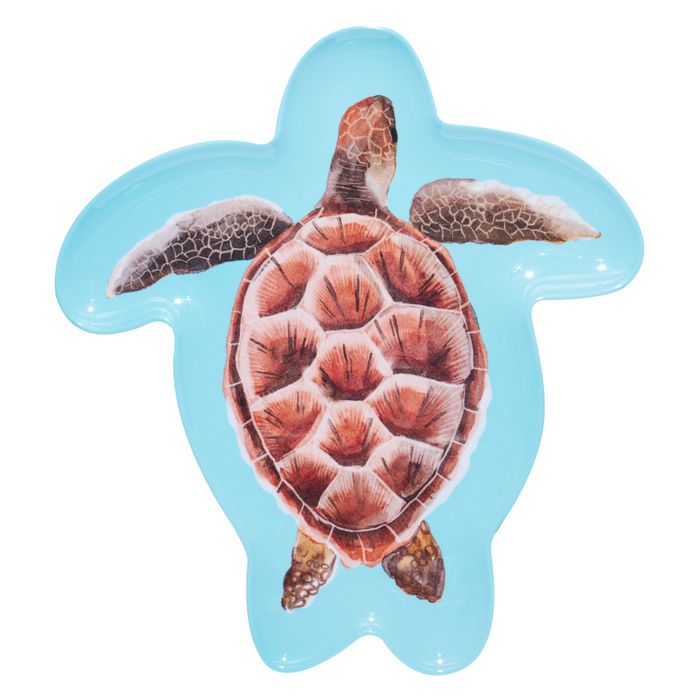 The Sophistiplate Pastel Sea Turtle Melamine Serving Platter features a realistic sea turtle illustration on a light blue background, making it perfect for ocean-inspired serveware.