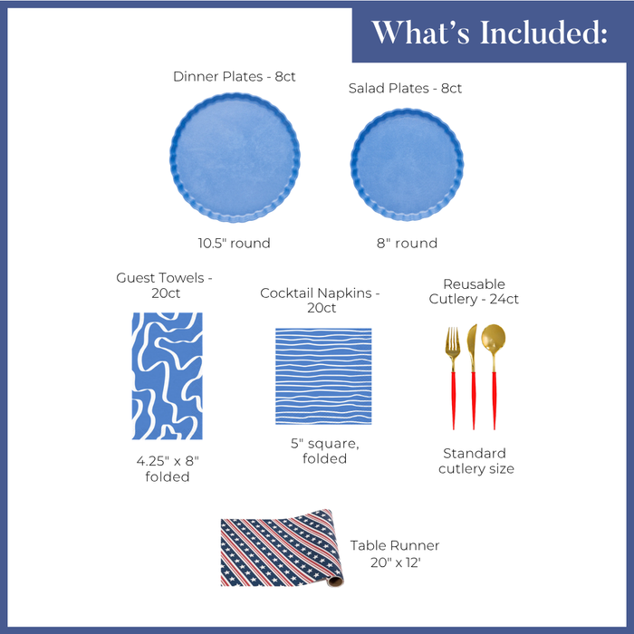 Image displays the Patriotic French Blue compostable party set by Sophistiplate LLC: 8 blue 10.5" dinner plates, 8 blue 8" salad plates, 20 guest towels, 20 cocktail napkins, 24 gold & red reusable cutlery pieces, and a 20x12 runner.