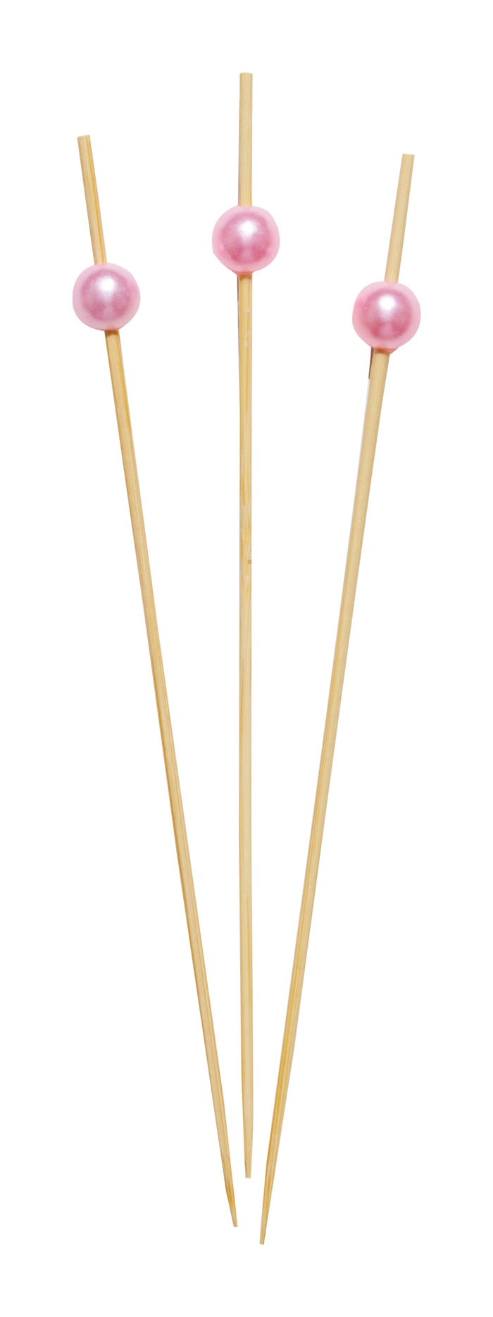 Simply Serv'd Pearl Pink 6" Wood Party Picks (30pk) feature shiny pink pearl accents, arranged in a fan shape on a white background—ideal as large food and party picks for stylish cocktails.