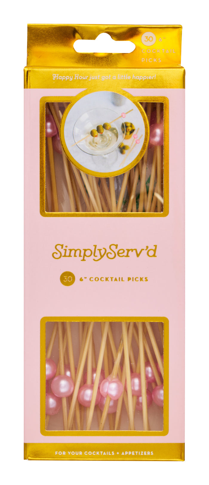 Simply Serv’d Pearl Pink 6" Wood Party Pick/30pk comes in pink and gold packaging with a clear window, featuring compostable wood picks topped with pearl-like pink tips.