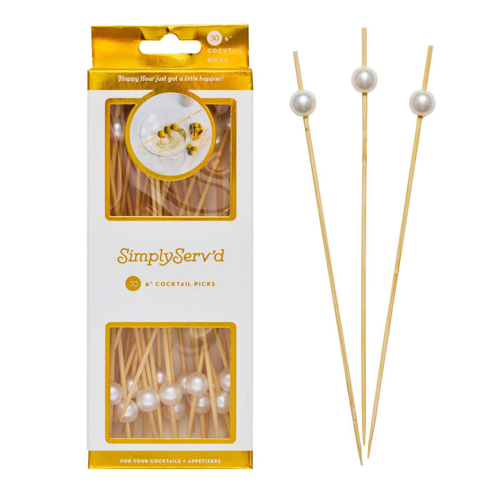 A box of Simply Serv'd Pearl White 6" Wood Party Pick (30pk) is shown, with three picks displayed outside. Each pick features a white pearl-like top for decoration.