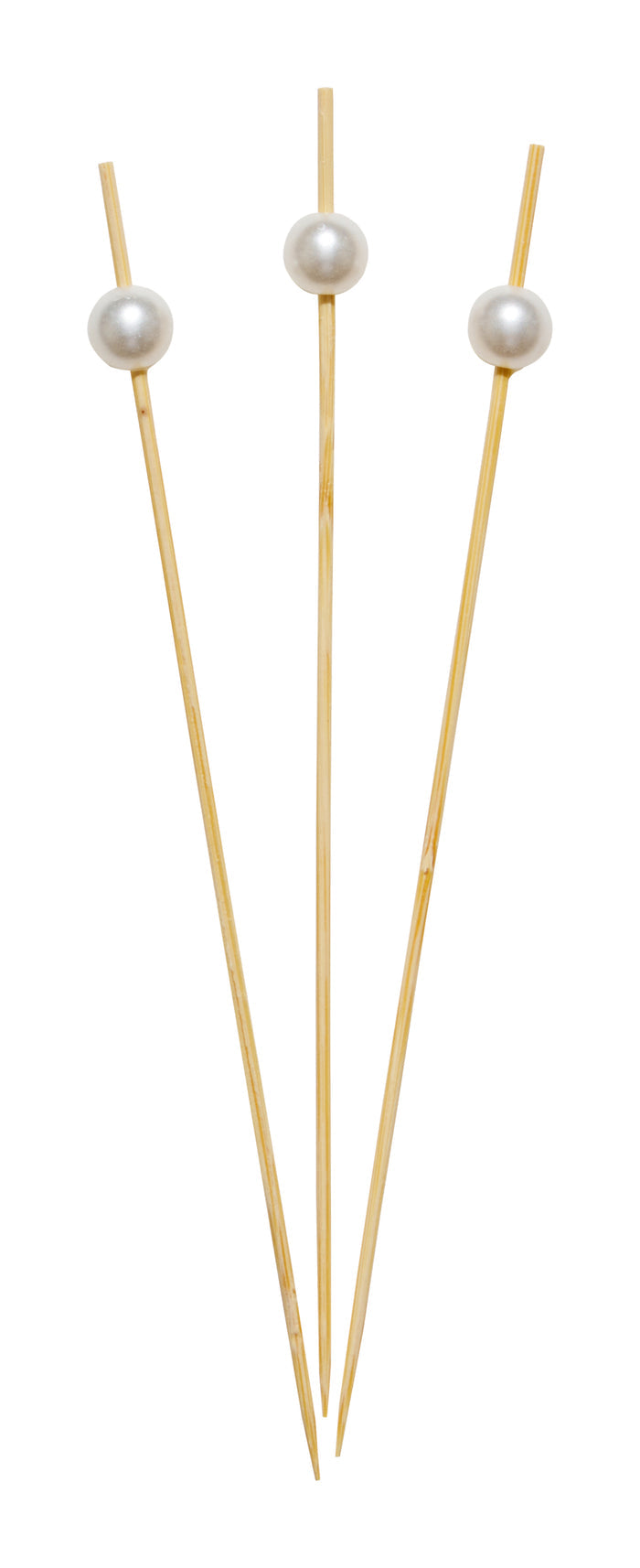 Simply Serv’d Pearl White 6" Wood Party Picks (30pk) feature bamboo skewers topped with faux pearls. Arranged fan-style on a white background, these compostable picks add elegance to any event.