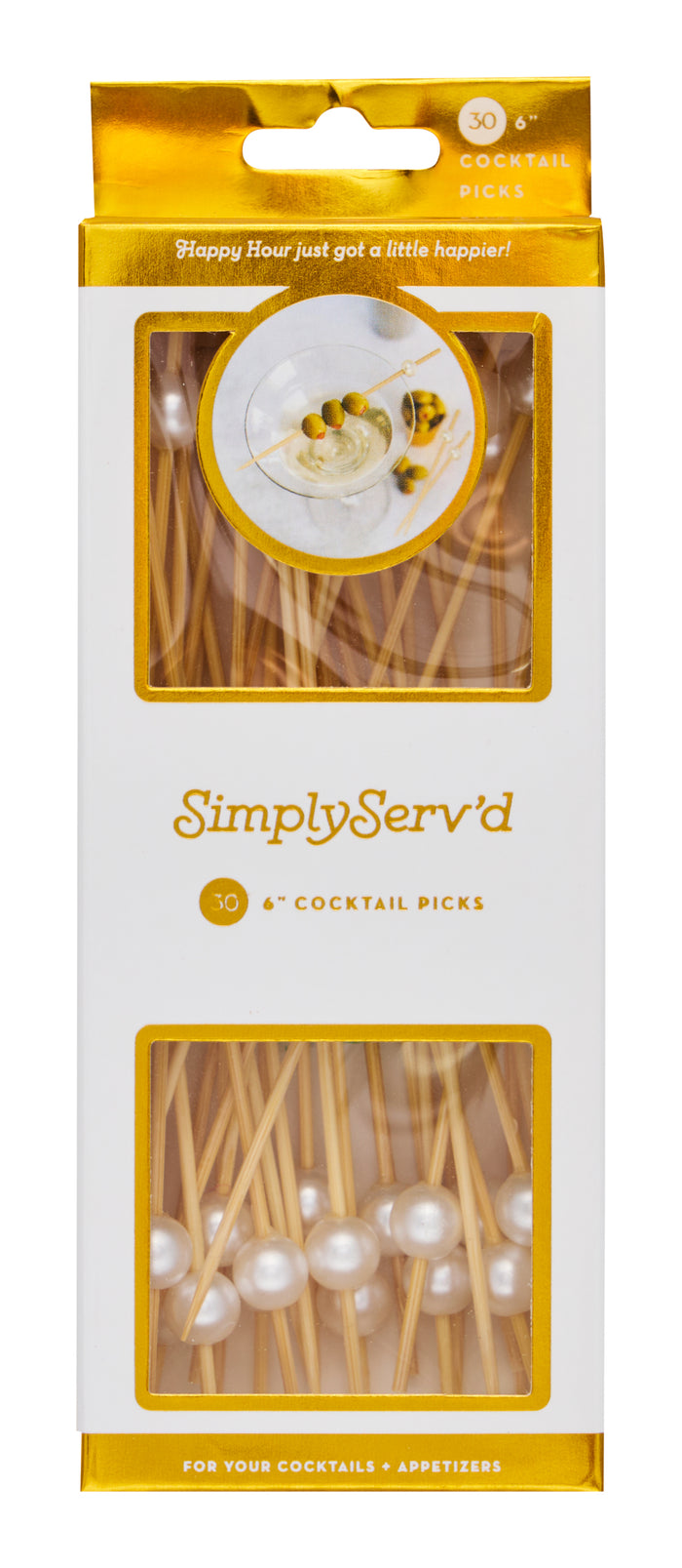 Simply Serv’d Pearl White 6" Wood Party Pick/30pk features pearl-like tips, perfect as compostable cocktail and appetizer picks. The box highlights 30 picks and shows a drink with olives on the packaging.