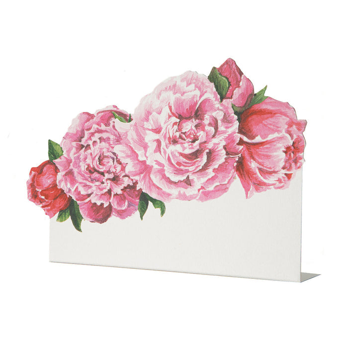 A blank white card from the Hester & Cook Peony Place Card - Set of 12, featuring an ornate pink peony and green leaf border at the top on a plain background.