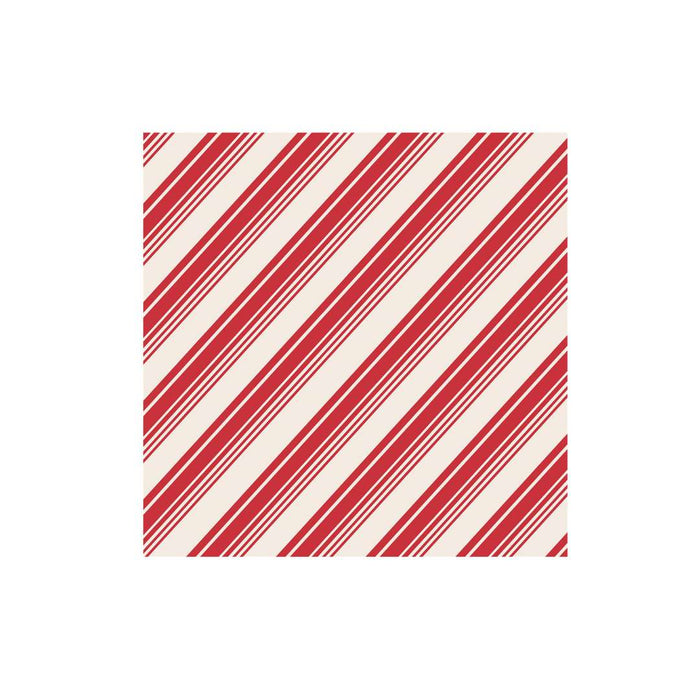 The Peppermint Stripe Cocktail Napkins/20pk by Hester & Cook features a square design with diagonal red and white stripes, perfect for festive gatherings and adding a touch of elegance to your table setting.