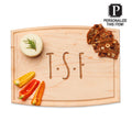A Maple Personalized Arched Artisan Maple Board (12 x 9") engraved with initials sits with round cheese topped with rosemary, bell pepper slices, and four nut and fruit crispbreads. A "Personalize This Item!" label is in the top right corner.