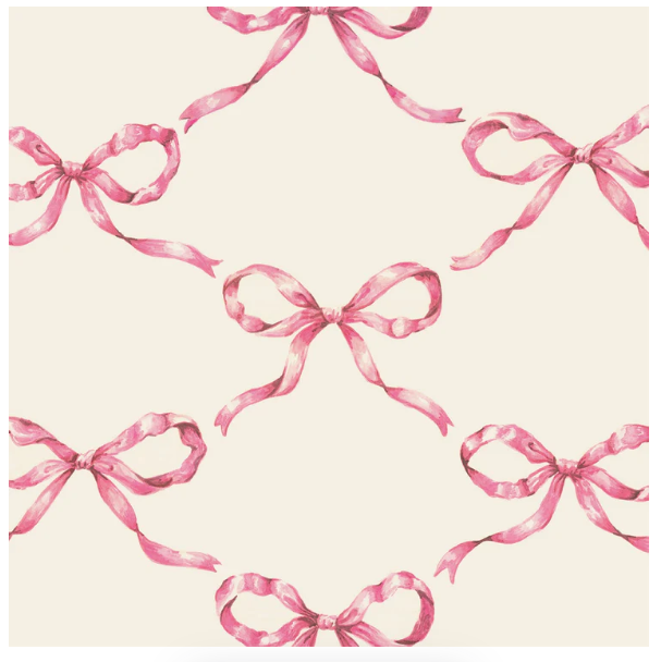 Inspired by Hester & Cook's Pink Bow Lattice Cocktail Napkin (Pack of 20), this design features a repeating pattern of pink watercolor bows on a light beige background, spaced evenly for a soft, elegant look.