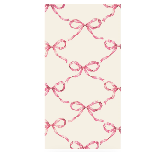 Featuring a cream background with pink watercolor bows in diagonal rows, Hester & Cook’s Pink Bow Lattice Guest Napkin (Pack of 16) is perfect for elegant occasions.