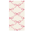 Featuring a cream background with pink watercolor bows in diagonal rows, Hester & Cook’s Pink Bow Lattice Guest Napkin (Pack of 16) is perfect for elegant occasions.