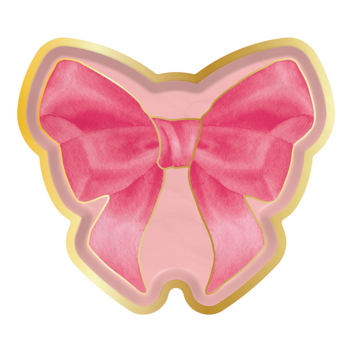 Sophistiplate's Pink Bows Assorted Die Cut Salad Plates (8pk) feature a bright pink bow with gold outlining on a light pink, bow-shaped background—ideal for elegant parties or Valentine's Day celebrations.