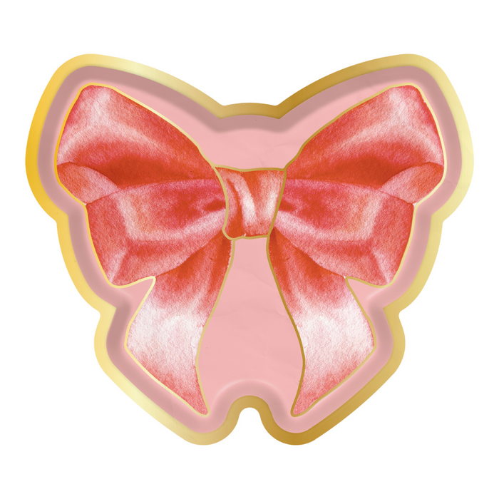 The Sophistiplate Pink Bows Assorted Die Cut Salad Plates (8pk) feature butterfly shapes with pink satin bows and gold accents—ideal elegant party plates for your Valentine's Day celebration.