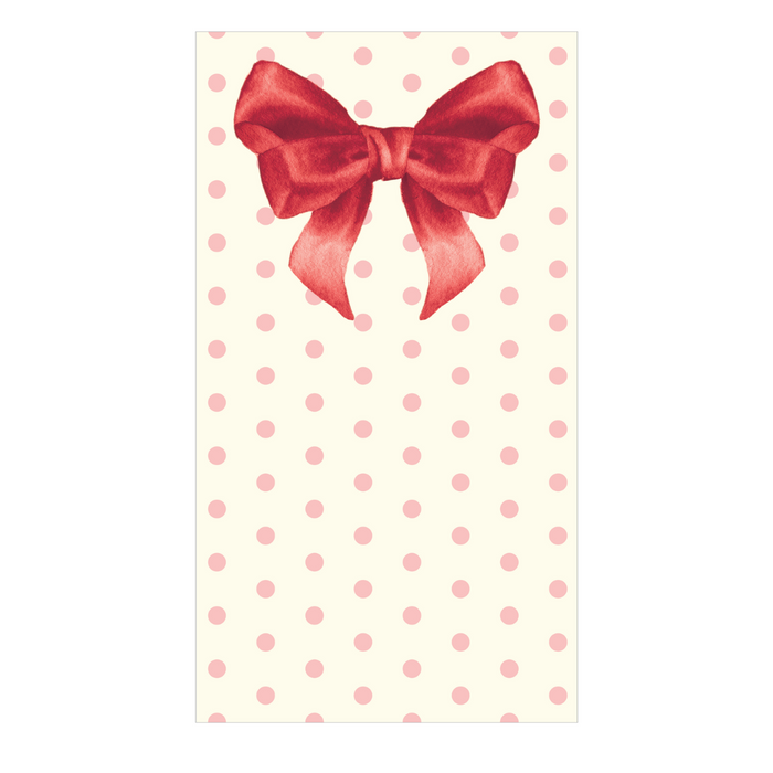 The Sophistiplate Pink Bows Guest Towel/20pk features a large red ribbon bow atop a cream background with pink polka dots—an ideal Valentine’s Day napkin design that leaves space below the bow for charming table settings.