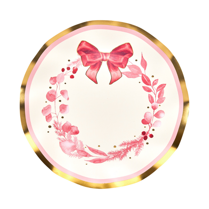Add a touch of elegance to your table with Sophistiplate’s Pink Bows Salad Plates/8pk. As part of the Pink Bows Collection, these high-quality disposable party plates feature a gold-rimmed edge, a soft pink border, and a delightful pink wreath accented with leaves, berries, and topped with a large pink bow. The crisp white center provides an elegant backdrop for serving your favorite salads or desserts.