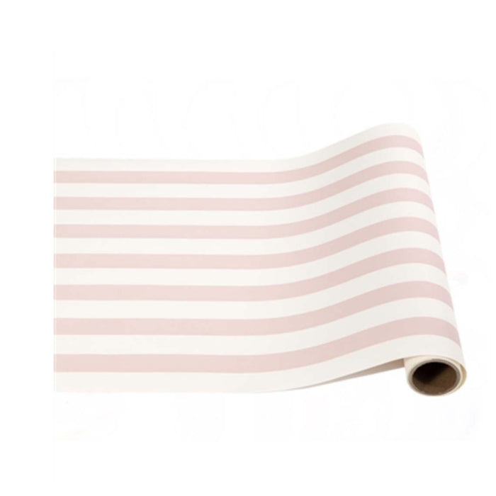 The Hester & Cook Pink Classic Stripe Runner (20x25") features horizontal light pink and white stripes—ideal for a unique paper table runner or creative gift wrapping.