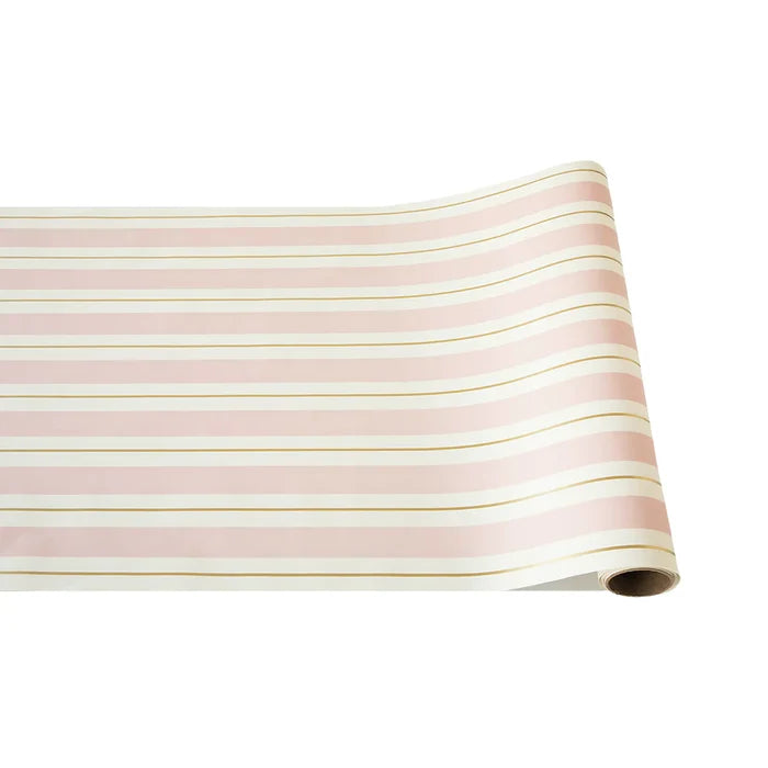 The Hester & Cook Pink & Gold Awning Runner (20x25") features horizontal pastel pink and white stripes separated by thin gold lines, shown partially unrolled on a white background.