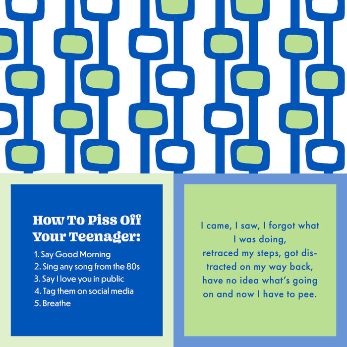 A retro-style Drinks On Me "Piss off teenager Napkin" features abstract blue and green shapes, five ways to annoy your teen, and a funny quote about forgetting why you walked in—perfect for humorous party or cocktail napkins.