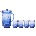 The Sophistiplate Classic Pitcher & 4 Pack Short Tumblers in blue features a shatterproof plastic pitcher with lid and handle, plus four matching BPA-free tumblers—all with a stylish starburst texture.