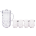 The Sophistiplate LLC Pitcher & 4 Pack Short Tumblers | Classic | Clear includes a clear, dishwasher-safe pitcher with a lid and handle, plus four matching BPA-free tumblers with a decorative faceted pattern.