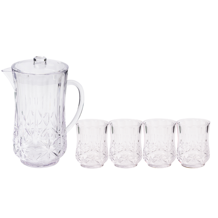 The Sophistiplate LLC Pitcher & 4 Pack Short Tumblers | Classic | Clear includes a clear, dishwasher-safe pitcher with a lid and handle, plus four matching BPA-free tumblers with a decorative faceted pattern.