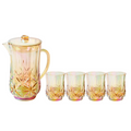 The Sophistiplate LLC Pitcher & 4 Pack Short Tumblers Classic Gold set features a shatterproof plastic pitcher with lid and four matching dishwasher-safe tumblers, all in a geometric diamond pattern, shown on a white background.
