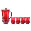 The Sophistiplate LLC Pitcher & 4 Pack Short Tumblers | Classic | Red set includes a shatterproof pitcher with lid and handle plus four matching BPA-free tumblers, all with a geometric design; stylish and dishwasher safe.