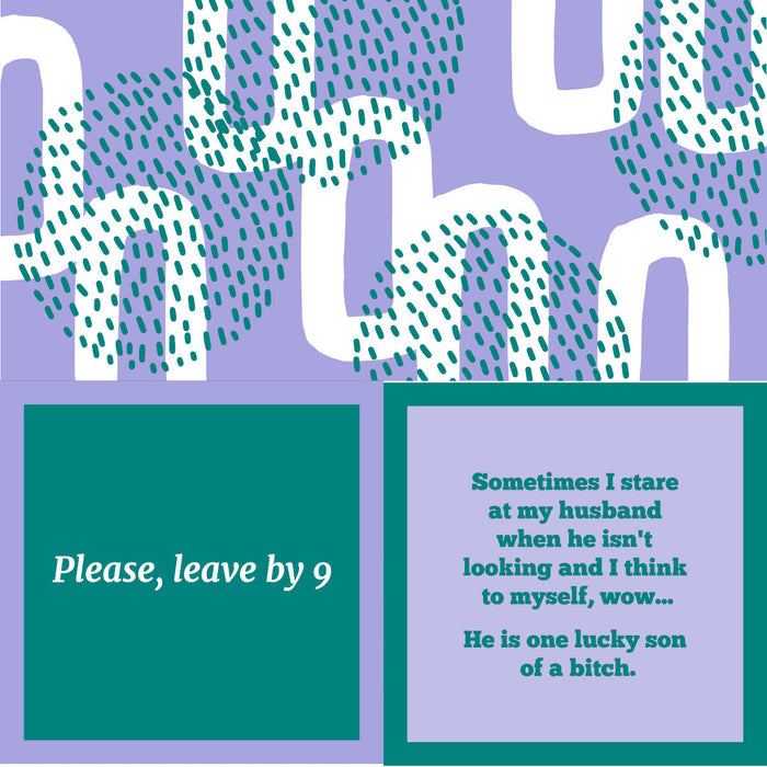 A graphic with abstract teal and white patterns on purple highlights two "Please leave" napkins from Drinks On Me—funny cocktail napkins, perfect for quirky bar carts or as unique white elephant gifts.