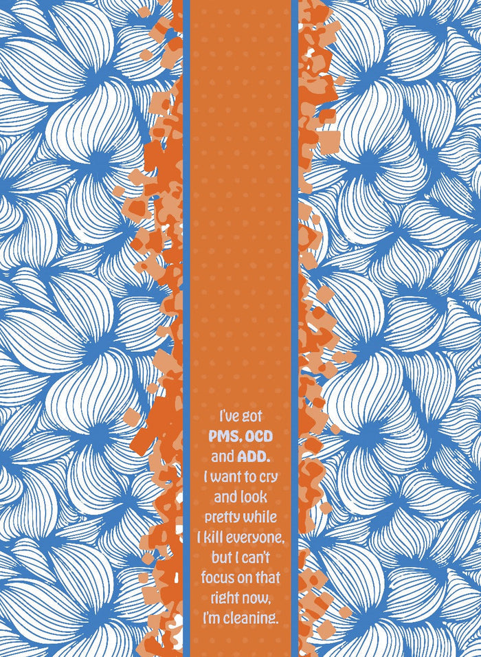The PMS Towel by Drinks On Me features an orange vertical stripe with scattered edges over a blue and white floral background and funny text about PMS, OCD, and ADD—a humorous kitchen gift for expressing emotional overwhelm while cleaning.