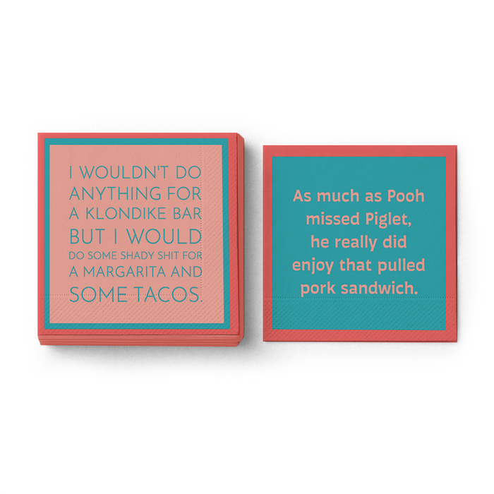 Add playful charm to your bar cart with the Drinks On Me Pooh Napkin. Featuring Pooh enjoying a pulled pork sandwich, this colorful cocktail napkin brings humor and personality to any gathering.