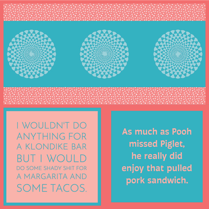 The Pooh Napkin by Drinks On Me features a geometric circular graphic with dotted lines and two funny text blocks—one about tacos and margaritas, the other about Pooh loving a pulled pork sandwich—ideal for cocktail napkins or bar cart accessories.