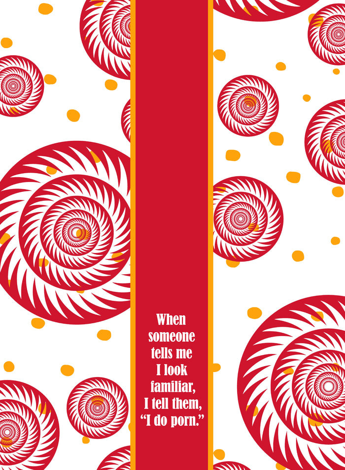 The Porn Dish Towel by Drinks On Me features abstract red spiral shapes, yellow dots on white, and a bold vertical stripe with the text: "When someone tells me I look familiar, I tell them, I do porn." A funny and quirky novelty housewarming gift.