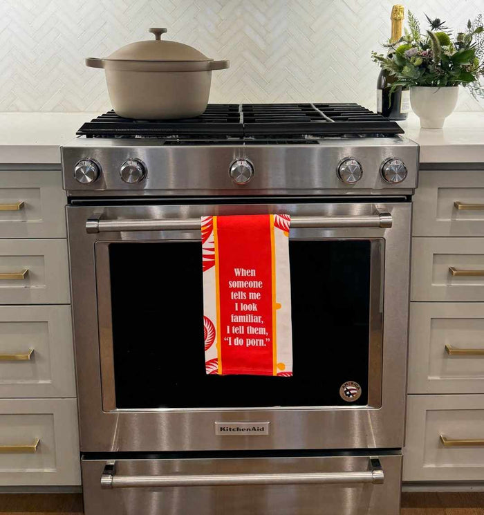 A modern stainless steel oven with a beige pot on top displays the Drinks On Me "Porn Dish Towel," which humorously reads, "When someone tells me I look familiar, I tell them, I do porn." A plant sits on the nearby counter.