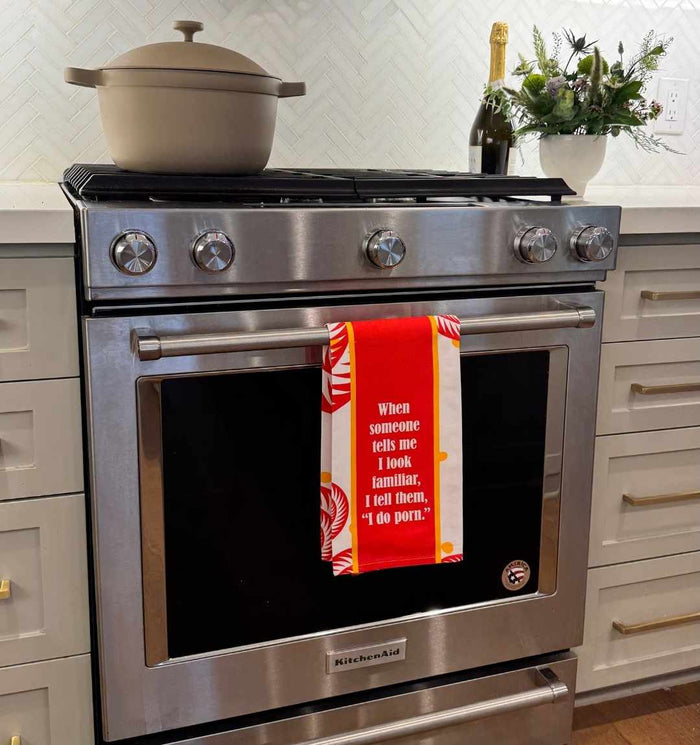 A stainless steel oven displays the Drinks On Me Porn Dish Towel, which reads, "When someone tells me I look familiar, I tell them, I do porn." On the counter above sit a pot, a plant, and a bottle.