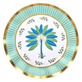Sophistiplate’s Preppy Palm Dinner Plates/8pk feature a scalloped edge, blue and green palm tree, green vines, and a rim with alternating aqua and gold sections finished with a gold edge.